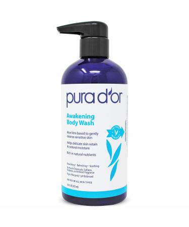 PURA D'OR Awakening Body Wash (16oz / 473ml) with Aloe Vera, Chamomile, Lavender, Tea Tree and Natural Nutrients - pH Balanced for Moisturized Soft, Fresh-Feeling Skin, All Skin Types, Men-Women