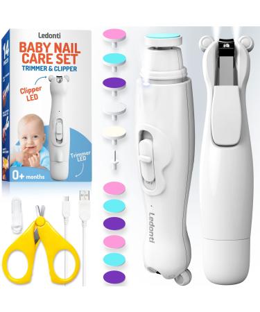 Baby Nail Trimmer Electric Kit - Baby Nail Clippers File w/ Led Light for Newborn, Infant, Toddler, Kids - Baby Manicure Fingernail Care Set w/ Scissors - Baby Essentials Must Haves Grinder Cutter White