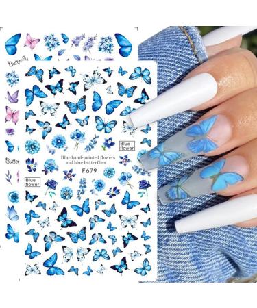 Blue Butterfly Nail Art Stickers Decals JMEOWIO Self Adhesive Nail Stickers 6 Sheets Butterfly Design Manicure Tips Nail Decoration for Women Girls