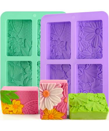 HUAKENER Silicone Soap Molds 2 Pack 4-Cavity Rectangle Soap Mold Flower  Soap Making Molds Flowers and Leaves