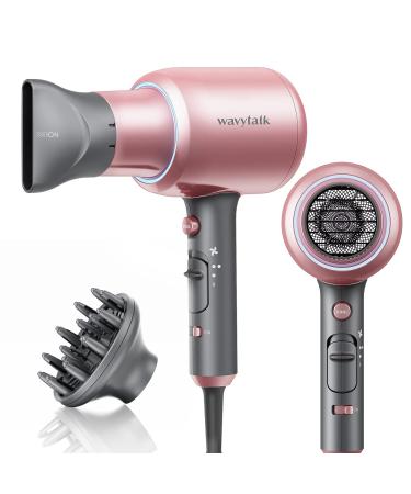 Wavytalk Professional Ionic Hair Dryer Blow Dryer with Diffuser and Concentrator for Curly Hair 1875 Watt Negative Ions Dryer with Ceramic Technology Nozzle for Fast Drying as Salon Light and Quiet Pink