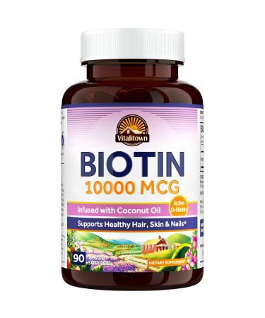 VITALITOWN Biotin 10 000 MCG | with Organic Coconut Oil | Hair Growth Skin Complexion Nail Strength Energy Metabolism MAX Strength | 1 Per Day | Vegetarian No Gluten | 90 Veggie Softgels
