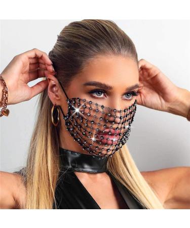 Urieo Sparkly Rhinestone Mesh Masks Black Crystal Face Masquerade Mask Halloween Party Nightclub Rave Festival for Women