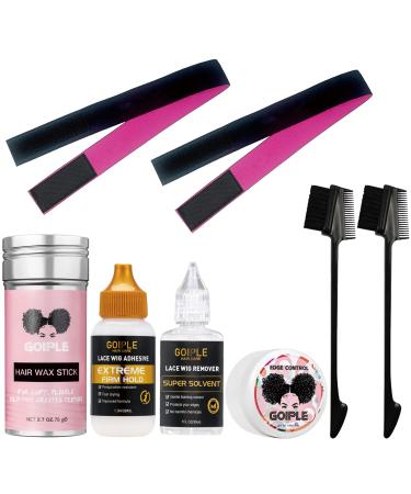 Wig Glue Lace Glue for Lace Front Wigs, Waterproof Lace Wig Glue with Tools  and Lace Melting Spray Hair Wax Stick(Wig Glue/Wig Glue Remover/Edge  Control/Pink Elastic Bands*2/Hair Dual Drush)