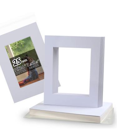 Acid Free 25 Pack 11x14 Pre-Cut Mat Board Show Kit for 8x10 Photos, Prints or Artworks, 25 Core Bevel Cut Matts and 25 Backing Boards and 25 Crystal Plastic Bags, White 11" x 14" Pack of 25