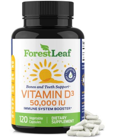 Forest Leaf - Vitamin D3 50,000 IU Weekly Supplement - 120 Vegetable Vitamin D Capsules for Bones, Teeth, and Immune Support - Easy Swallow Pure Vitamin D3 Caps 50000 IU- Non GMO Pills 120 Count (Pack of 1)