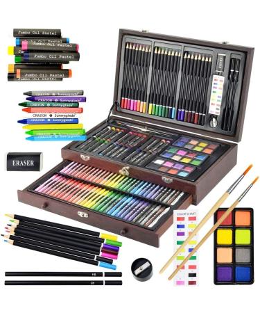 Sunnyglade 185 Pieces Double Sided Trifold Easel Art Set, Drawing Art Box with Oil Pastels, Crayons, Colored Pencils, Markers, Paint Brush