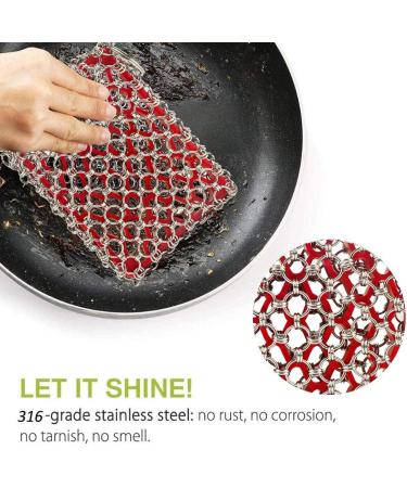 Cast Iron Skillet Cleaner, 316 Stainless Steel Chainmail Scrubber with Red