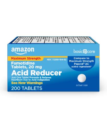 Amazon Basic Care Maximum Strength Famotidine Tablets 20 mg, Acid Reducer for Heartburn Relief, 200 Count 200 Count (Pack of 1)