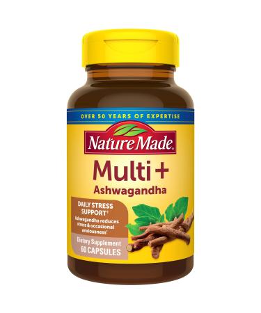 Nature Made Multi + Ashwagandha Multivitamin for Women and Men for Daily Stress Relief Support Multivitamin for Men and Women One Per Day Mens and Womens Vitamins 60 Capsules