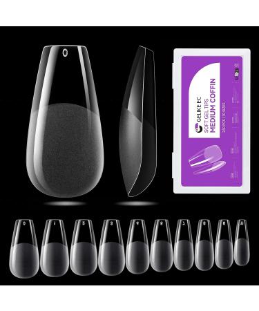 Gelike ec Medium Coffin Nail Tips: 240PCS Soft Gel Tips for Nail Extensions Coffin Shaped Full Cover Gel X Nail Tips Pre Etched - PMMA Resin Clear False Nails Press on Nails 10 Sizes MEDIUM COFFIN 2-240-M-Coffin