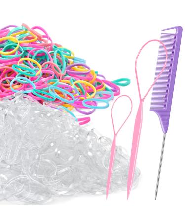 TsMADDTs 1000pcs Clear Small Rubber Elastics with Hair Loop Styling Tool  Set,1000pcs Rubber Hair Ties 2Pcs French Braid Tool Loop 1Pcs Rat Tail  Combs for Braiding Styling,Pink A-Clear