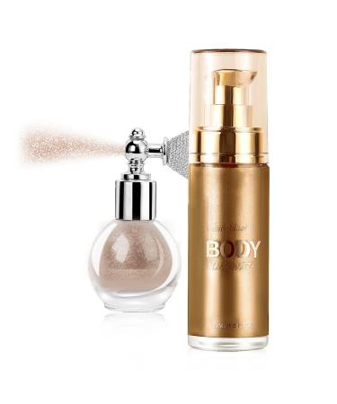 SUMEITANG Liquid Illuminator + Glitter Spray Kit  Shimmer Luminizer  Face Body Glow Illuminator. Collocation Highlighter Powder High Gloss Glitter Spray for Face Body Lasting Sparkle Makeup(Bronze)