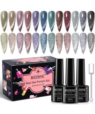 MIZHSE Reflective Glitter Gel Nail Polish Kit 12 Pcs, Colorful Sparkly Diamond Soak Off UV LED Gel Polish Home Manicure Nail Art Salon 7 ml