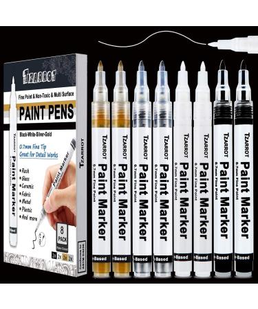 White Paint Pen 8 Pack 0.7mm Acrylic Paint Pens Acrylic Markers 6 White 2 Black  Paint Pens for Rock Painting Wood Canvas Glass Metallic Ceramic Tire  Graffiti Paper Drawing Extra Fine Tip
