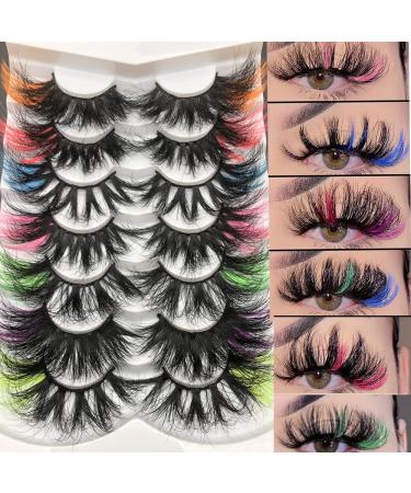 Mikiwi 25mm Colored Mink Lashes Pack 7 Pairs Mix Color Drametic Long 25mm Real Mink Eyelashes With Color on end Fluffy Mink Colored Eyelashes Colorful Lashes With Orange/Red/Pink/Blue/Green/Purple on the end Pack b 7...