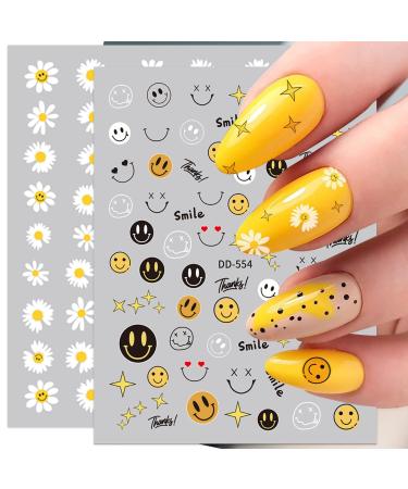 8 Sheets Spring Daisy Sunflower Nail Art Stickers Decals 3D Self Adhesive Cute Smile Face Summer White Yellow Flower Floral Design Manicure Tips Nail Decoration for Women Girls Kids