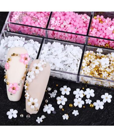 RILIMIOO 2 Boxes 3D Flower Nail Charms for Acrylic Nails, 12 Grids 3D Nail Art Flowers, Rhinestone White Pink Blue Cherry Blossom Light Change Spring Summer
