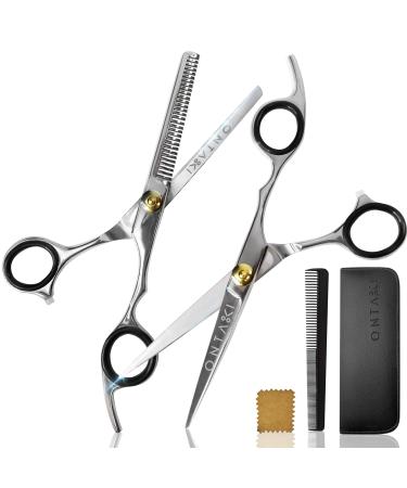 ONTAKI Japanese Steel Hair Cutting Scissors Thinning Shears Kit - 7 Professional Hair Scissors Set with 1 Comb & Pouch - Silver
