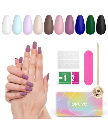 240PCS Press on Nails  OPOVE Short Acrylic Matte Nails Coffin Medium Length  Professional Nail Art Tips Set  Fake Nails with Nail File  Cuticle Stick  Stick on False Artificial Nails with Solid Color M01