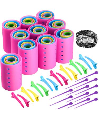 141 Pieces Magnetic Hair Rollers Set Include 60 Plastic Hair Rollers for Medium Short Long Hair with 60 Pins, 20 Duck Teeth Hair Clips and Hairnet Hairdressing Tool, Random Color (6 Sizes) 141 Piece Set