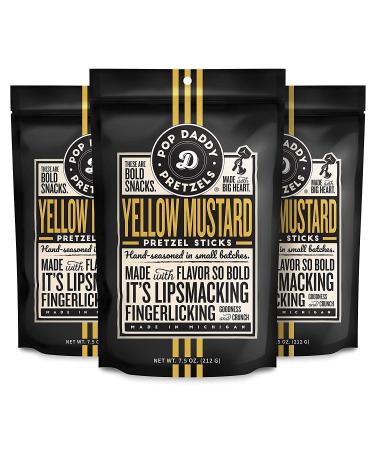 Pop Daddy Yellow Mustard, Healthy Bold Gourmet Flavored 7.5oz Pretzel Sticks 3 Pack