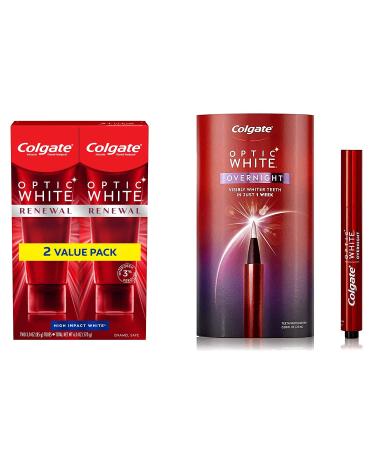 Colgate Optic White Overnight Teeth Whitening Pen and Optic White Renewal Teeth Whitening Toothpaste, High Impact White - 3 Ounce (2 Pack)|