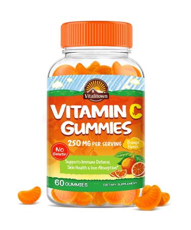 Vitalitown Vitamin C Vegan Gummies 250 mg Support Immune Defenses Skin Health & Iron Absorption Natural Orange Flavor Tasty Chewable Vitamin C for Kids and Adults Non-GMO No Soy / Gluten / Dairy