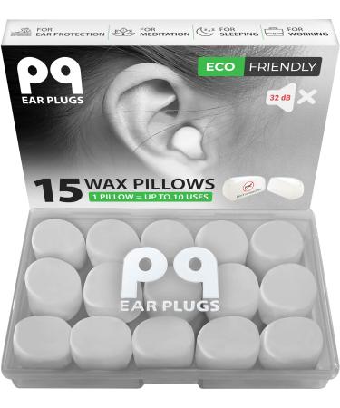 PQ Wax Ear Plugs for Sleep - 15 Silicone Wax Earplugs for Sleeping and Swimming - Gel Ear Plugs for Noise Cancelling, Ear Protection - Sleeping Earplugs with Sound Blocking Level of 32 Db (15-Pillows)