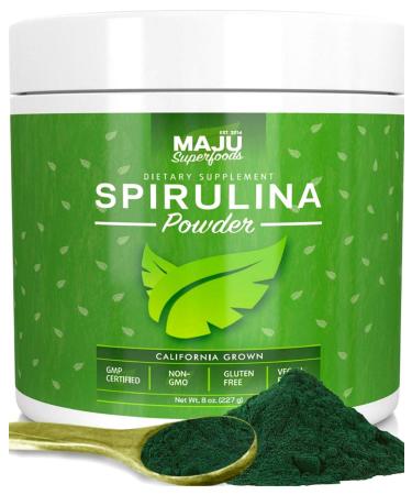 MAJU's Spirulina Powder, Microcystin Free, USA Grown, Non-Irradiated, Non-GMO, Preferred to Chlorella, Pesticide-Free, Preferred to Organic Hawaiian & Blue Algae, Pure Vegan Green Protein 8 Ounce (Pack of 1)