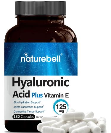 NatureBell Hyaluronic Acid with Vitamin E, 125mg,180 Capsules, Supports Antioxidant, Skin Hydration and Joints Lubrication, No GMOs.