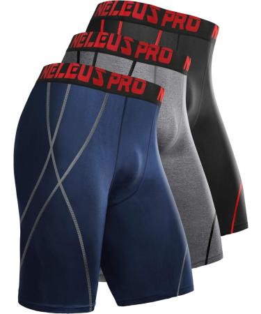 NELEUS Men's 3 Pack Performance Compression Shorts X-Large 6010# Black (Red Stripe)/Grey/Navy Blue