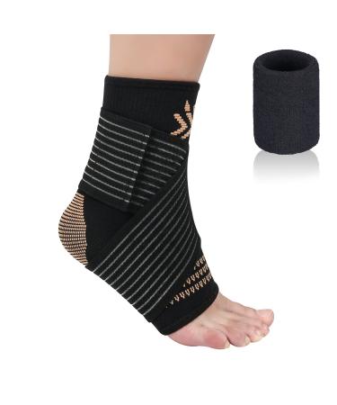 Copper Ankle Brace Compression Sleeve Support for Women & Men - Adjustable Strap for Arch Support - Plantar Fasciitis Brace for Sprained Ankle, Achilles Tendonitis Pain, Injury Recovery, Running (Medium)