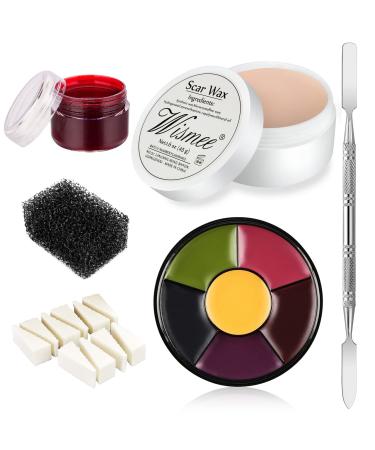 Wismee Sfx Makeup Special Effects Makeup Kit with Scar Wax (1.6  Oz),Halloween Makeup Fake Blood Gel(1.06Oz),Makeup Spatula,Nude Color  Putty,Pink Stipple Sponge Fake Wound Moulding Scars Wax Set Bright tone