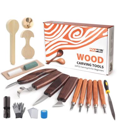 Wood Carving Kit 22PCS Wood Carving Tools Hand Carving Knife Set with Anti-Slip Cut-Resistant Gloves  Needle File Wood Spoon Carving Kit for Beginners Whittling Kit for Kids Adults Woodworking DIY SET2