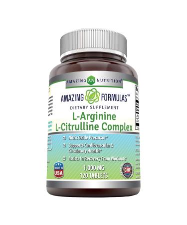 Amazing Nutrition L-Arginine/L-Citrulline Complex 1000 Mg Combines Two Amino Acids with Potential Health Benefits Supports Energy Production Ads (120 Tablets) (Non-GMO,Gluten Free) 120 Count (Pack of 1)