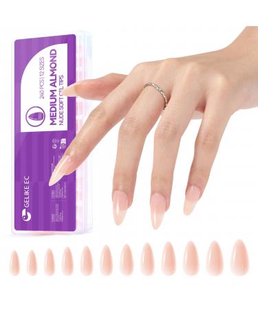 Gelike ec 240PCS Colored Gel X Nail Tips Medium Almond 2 in 1 X-coat Tips with Top Primer Cover - One Step Nail Tip in 12 Sizes for Nail Extensions Salon Home DIY Sheer Nude 1-240pcs-Sheer Nude