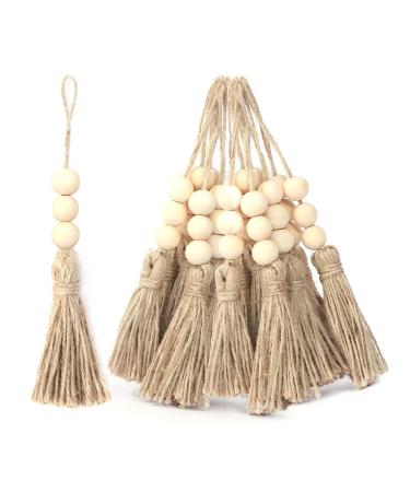 AEKAO 20 Pack Jute Rope Tassel with 3 Wood Beads, Hemp Rope Burlap Tassels for Christmas Tree DIY Craft Wood Beads Garland Project Wedding Home Party Decorations (Natural Color)