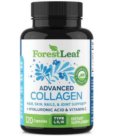 Forest Leaf - Collagen Pills with Hyaluronic Acid & Vitamin C - Reduce Wrinkles, Tighten Skin, Boost Hair, Skin, Nails & Joint Health - Hydrolyzed Collagen Peptides Supplement - 120 Capsules 120 Count (Pack of 1)