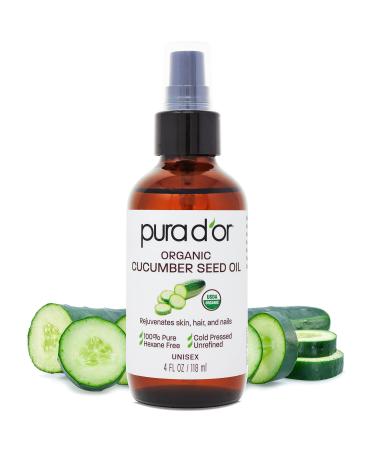 PURA D'OR Organic Cucumber Seed Oil (4oz / 118mL) 100% Pure USDA Certified Premium Grade Natural Moisturizer  Cold Pressed  Unrefined  Hexane-Free Base Carrier Oil for DIY Skin Care For Men & Women