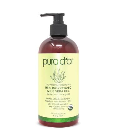 PURA D'OR Organic Aloe Vera Gel Lemongrass (16oz) All Natural - ZERO Artificial Preservatives - Deeply Hydrating & Moisturizing - Sunburn, Bug Bites, Rashes, Small Cuts, Eczema Relief - Skin & Hair