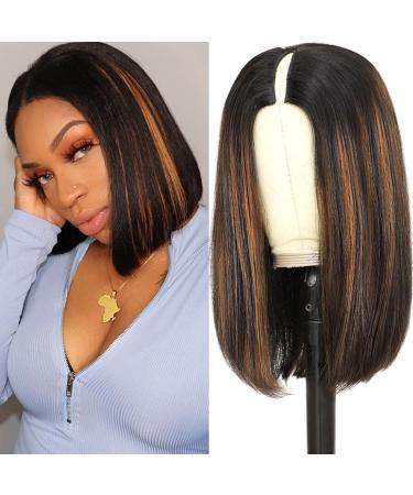 Ombre V Part Wig Human Hair Highlight Short Straight Bob Wigs for Women Upgrade U Part No Leave Out Glueless Ombre Brown V Part Bob Wig 14 Inch 14 Inch Highlight V Part Wig