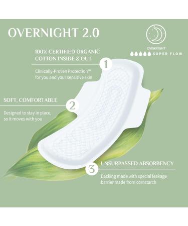 Organyc New and Improved 100% Certified Organic Cotton Overnight Feminine  Pads Heaviest Flow Super Absorbency 2.0 7 Count