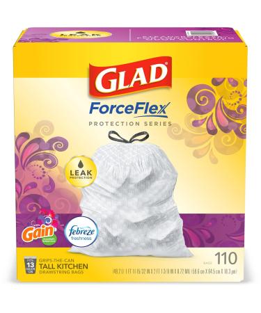  Glad ForceFlex Tall Kitchen Drawstring Trash Bags, 13 Gal, Gain  Original with Febreze, 110 Ct : Glad: Health & Household