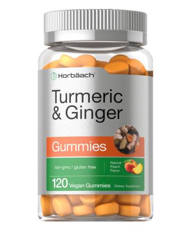 Turmeric and Ginger Gummies  120 Count  Peach Flavor  Vegan Non-GMO  Gluten Free Supplement  by Horbaach