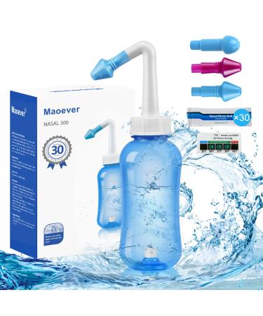 Neti Pot Sinus Rinse Bottle Nose Wash Cleaner Pressure Rinse Nasal Irrigation for Adult & Kid BPA Free 300 ML with 30 Nasal Wash Salt Packets and Sticker Thermometer(Blue)