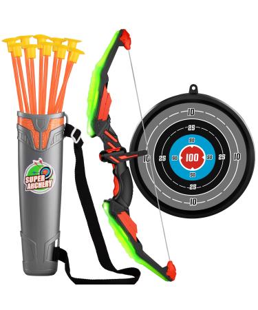 TEMI Kids Bow and Arrow Set - LED Light Up Archery Toy Set with 10 Suction Cup Arrows Target  Quiver Indoor and Outdoor Toys for Children Boys Girls Green