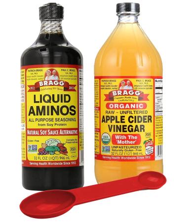 Braggs Organic Health Saver Package: Braggs Organic Liquid Aminos 32 oz + Bragg's Apple Cider Vinegar Organic Raw Unfiltered, 32 Oz With Bonus Measuring Spoon
