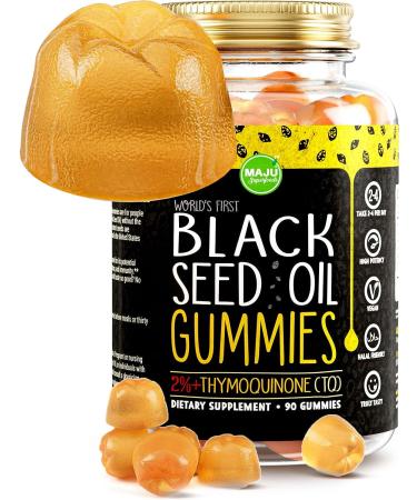 MAJU's Black Seed Oil Gummies - World's First Gummy w/ 2%+ Thymoquinone, Black Cumin Seed Nigella Sativa Oil, Cold-Pressed, Potent Formula with Cinnamon Extract, No Aftertaste - 500mg (90ct)