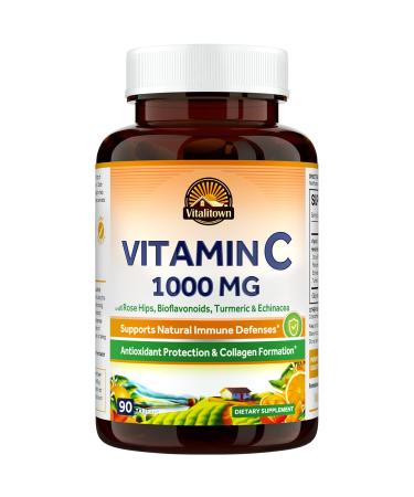 VITALITOWN Vitamin C Complex 1000mg with Rose Hips Bioflavonoids Turmeric & Echinacea Daily Immune Support Collagen Booster & Powerful Antioxidant High Bioavailability Vegan Non-GMO No Dairy